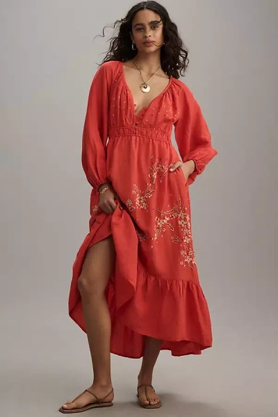 By Anthropologie Embroidered V-neck Maxi Dress In Red