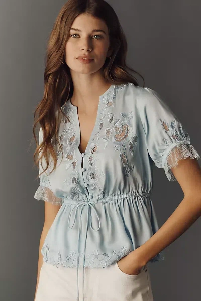 By Anthropologie Embroidered V-neck Peplum Blouse In Blue