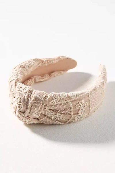 By Anthropologie Everly Embroidered Knot Headband In Beige