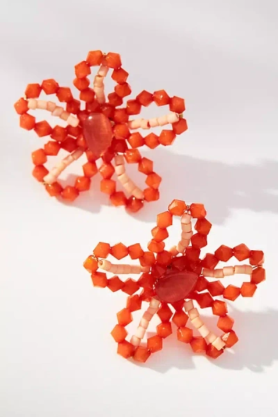 By Anthropologie Extra Small Beaded Floral Post Earrings In Red