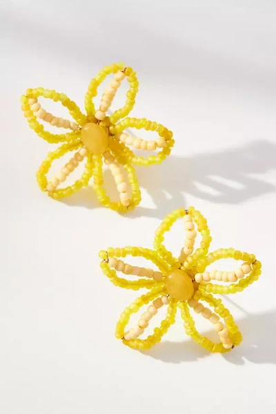By Anthropologie Extra Small Beaded Floral Post Earrings In Yellow