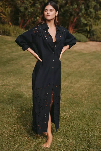 By Anthropologie Eyelet Button-front Maxi Dress In Black