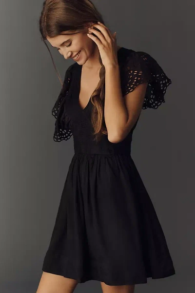 By Anthropologie Eyelet Flutter-sleeve V-neck Mini Dress In Black