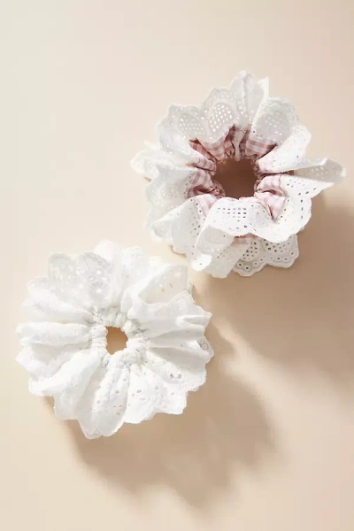 By Anthropologie Eyelet Gingham Scrunchies, Set Of 2 In White