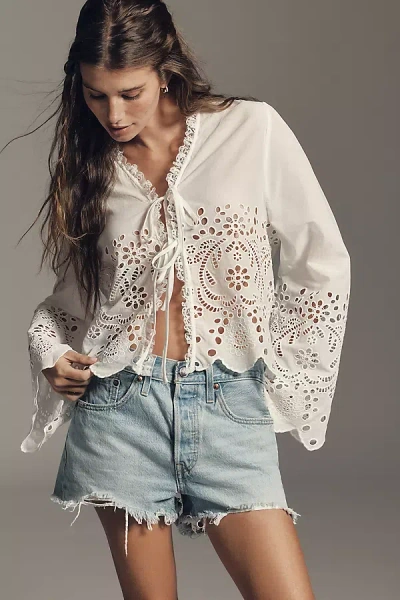 By Anthropologie Eyelet Tie-front Blouse In White