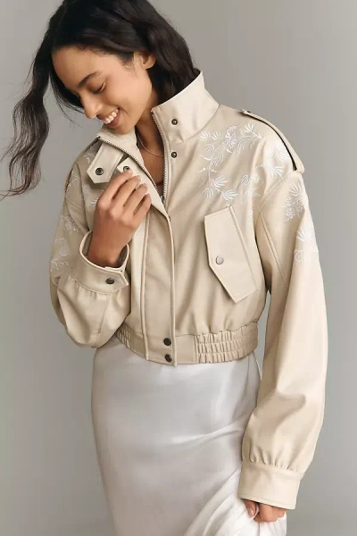 By Anthropologie Faux-leather Floral Embroidered Moto Jacket In Neutral