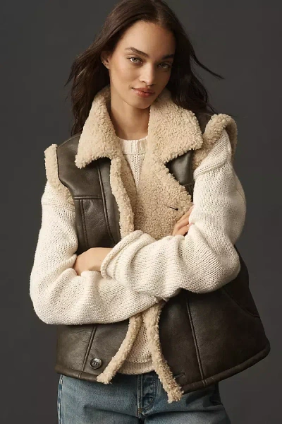 By Anthropologie Faux-leather Sherpa Fleece-lined Vest Jacket In Brown