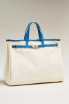 By Anthropologie Faux Leather Trim Belted Canvas Tote In Blue
