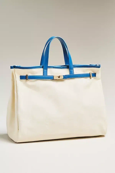 By Anthropologie Faux Leather Trim Belted Canvas Tote In Blue