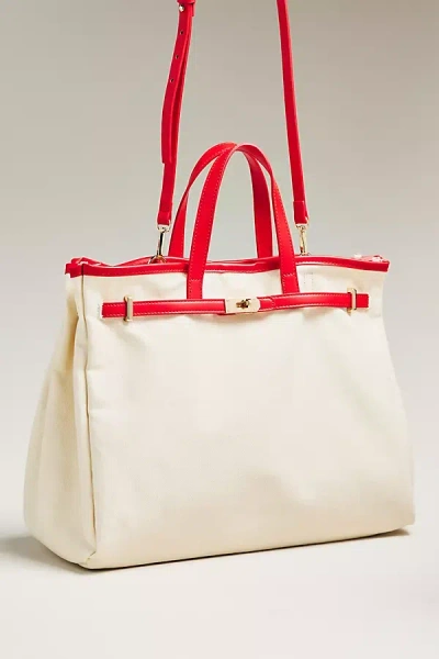 By Anthropologie Faux Leather Trim Belted Canvas Tote In Red