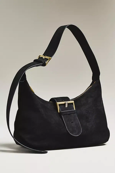 By Anthropologie Faux Suede Big Buckle Slouchy Shoulder Bag In Black