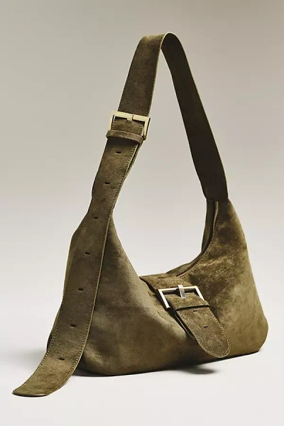 By Anthropologie Faux Suede Big Buckle Slouchy Shoulder Bag In Green