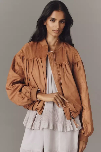 By Anthropologie Faux-suede Bubble Bomber Jacket In Brown