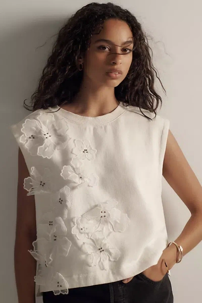 By Anthropologie Floral Appliqué Knit Top In White