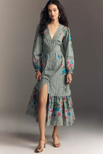 By Anthropologie Floral Button-front Midi Dress In Green