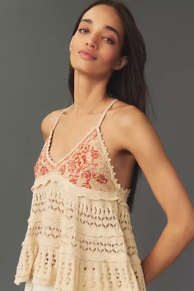 By Anthropologie Floral Crochet Babydoll Sweater Tank In Beige