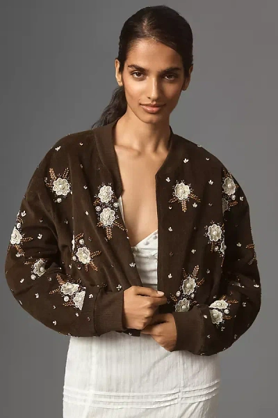 By Anthropologie Floral Embellished Cropped Jacket In Green