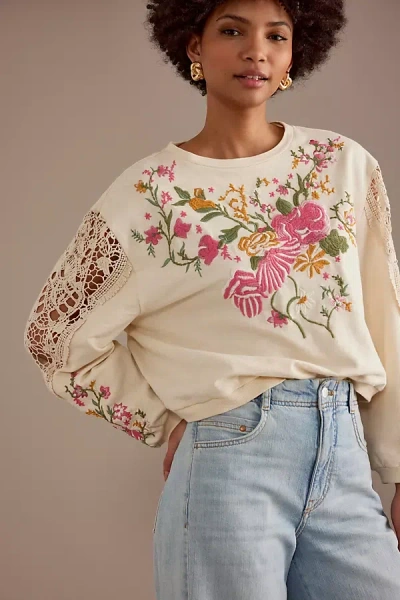 By Anthropologie Floral Embroidered Crew Neck Sweatshirt In White