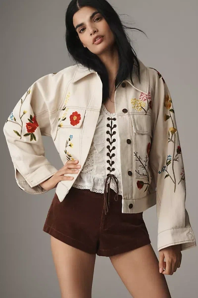 By Anthropologie Floral Embroidered Jacket In White