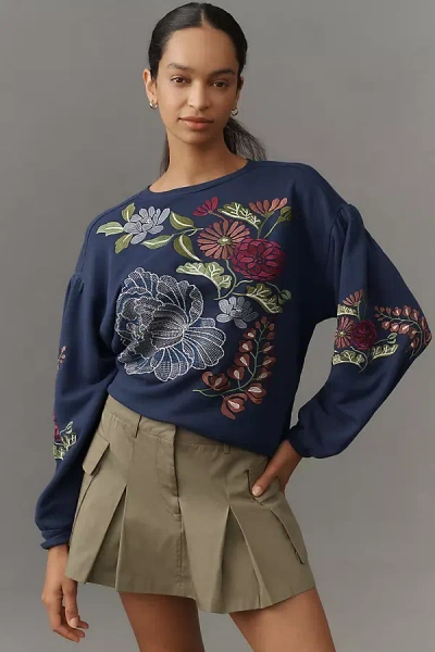 By Anthropologie Floral Embroidered Sweatshirt In Blue