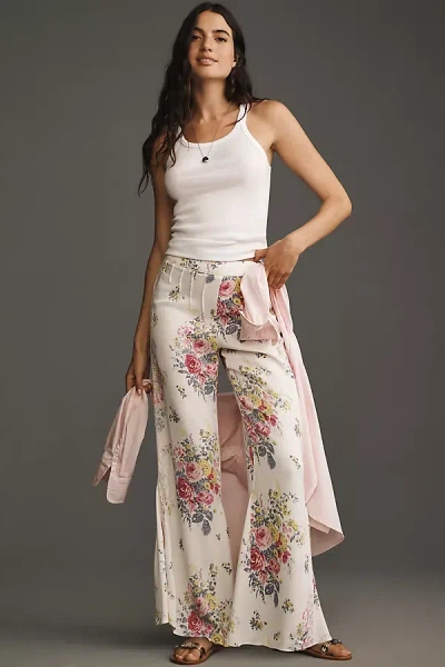 By Anthropologie Floral Lace Silky Flare Pants