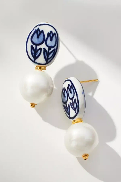 By Anthropologie Floral Porcelain Pearl Drop Earrings In Blue