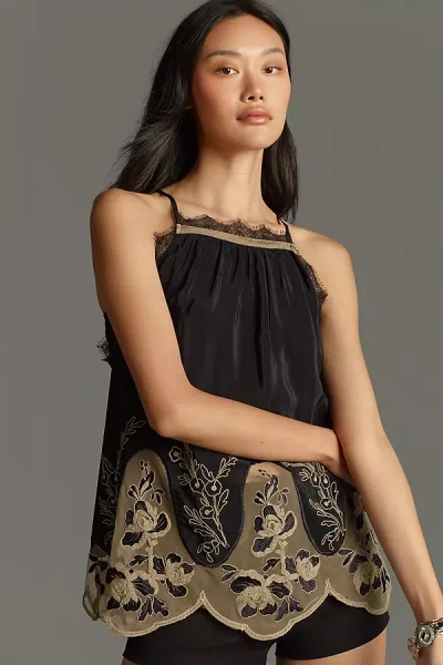 By Anthropologie Flutter-sleeve Embellished Silky Blouse In Black