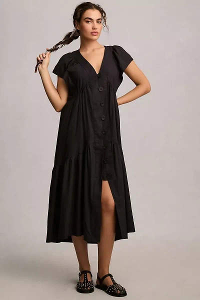 By Anthropologie Flutter-sleeve Linen Button-front Midi Dress In Black