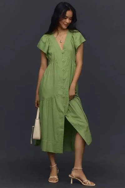 By Anthropologie Flutter-sleeve Linen Button-front Midi Dress In Green