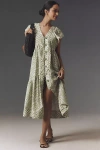 By Anthropologie Flutter-sleeve Linen Button-front Midi Dress In Multicolor