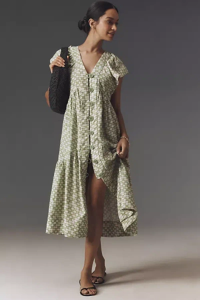 By Anthropologie Flutter-sleeve Linen Button-front Midi Dress In Multicolor