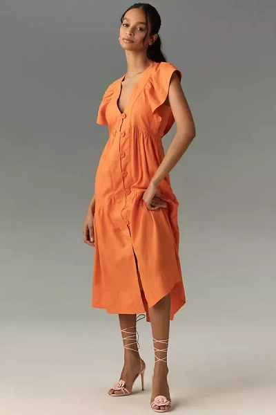 By Anthropologie Flutter-sleeve Linen Button-front Midi Dress In Orange