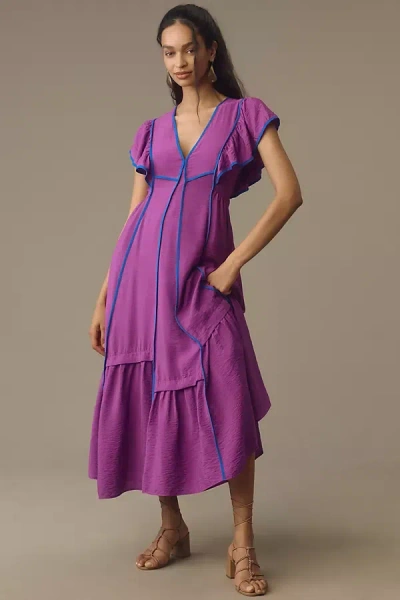 By Anthropologie Flutter-sleeve Tipped Midi Dress In Purple