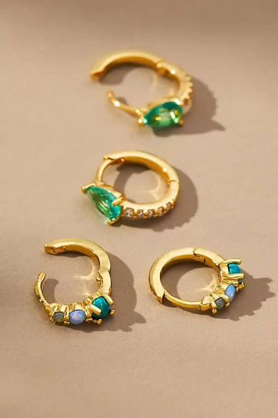 By Anthropologie Glassy Stone Huggie Hoop Earrings, Set Of 2 In Blue