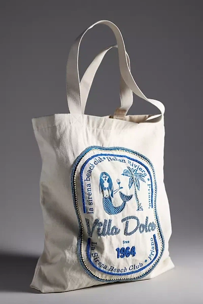 By Anthropologie Graphic Beaded Canvas Tote Bag In Blue