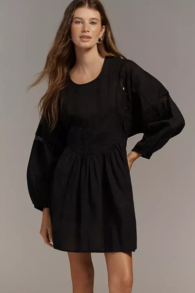 By Anthropologie Half-sleeve Deco Mini Swing Dress In Black
