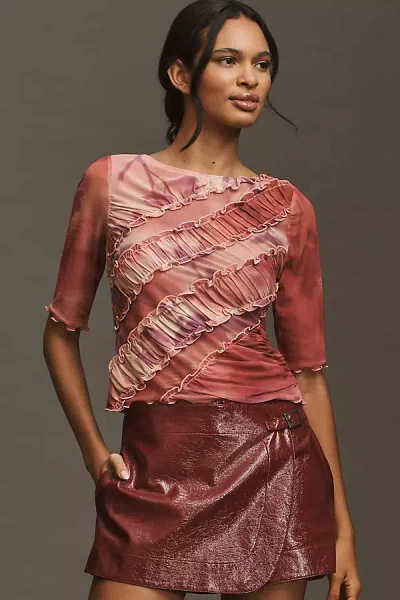 By Anthropologie Half-sleeve Sheer Ruched Top In Pink