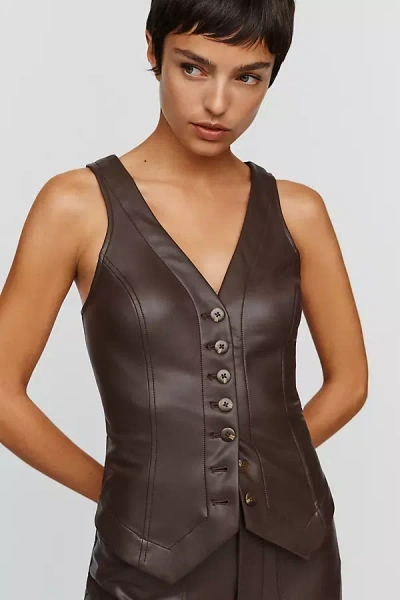 By Anthropologie Halsey Faux Leather Slim Button-front Vest Top In Brown