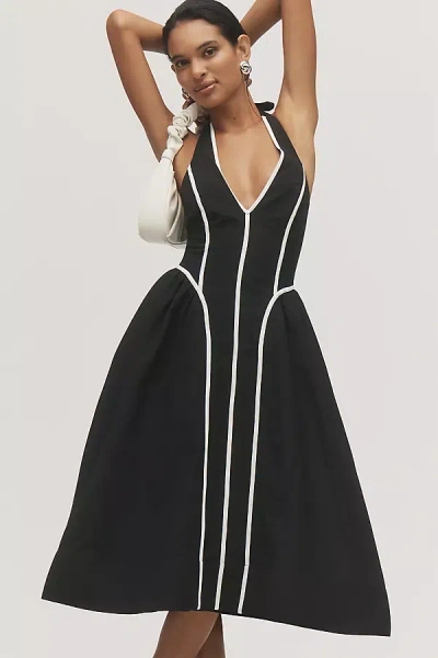 By Anthropologie Halter V-neck Fit & Flare Midi Dress In Black