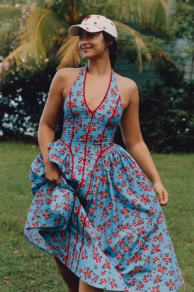 By Anthropologie Halter V-neck Fit & Flare Midi Dress In Blue