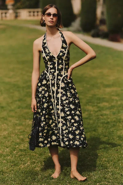 By Anthropologie Halter V-neck Fit & Flare Midi Dress In Black