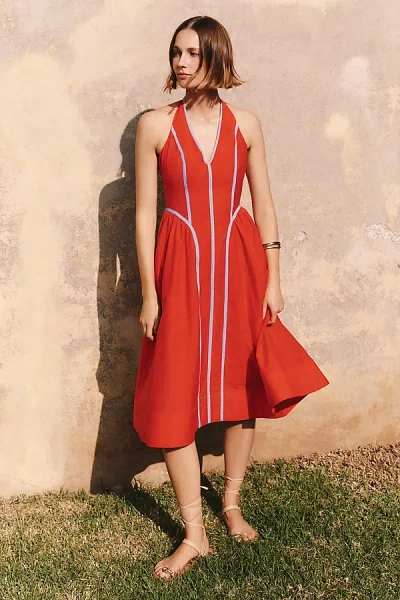 By Anthropologie Halter V-neck Fit & Flare Midi Dress In Red