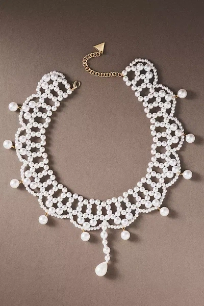 By Anthropologie Hand-woven Lace Freshwater Pearl Choker In Silver