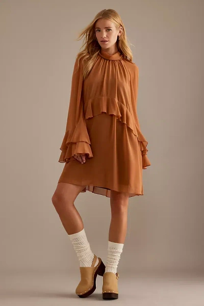 By Anthropologie High-neck Ruffle Chiffon Mini Dress In Brown