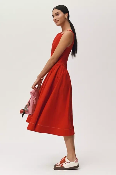By Anthropologie High-neck Seamed Midi Dress In Red