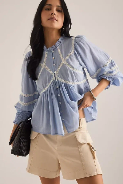 By Anthropologie High-neck Lace Inset Blouse In Blue
