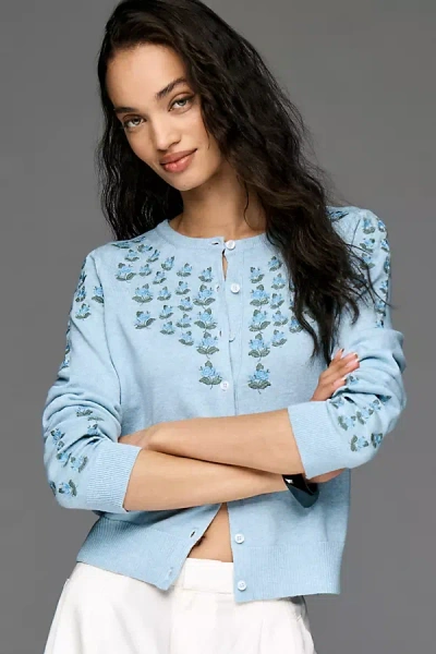 By Anthropologie Juliet Embroidered Cardigan Sweater In Blue