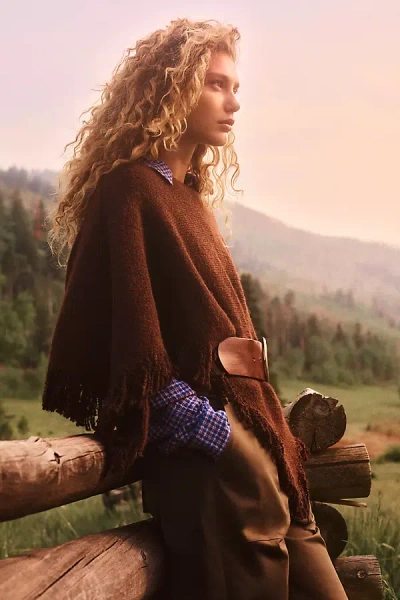 By Anthropologie Knit Fringe Triangle Poncho In Brown