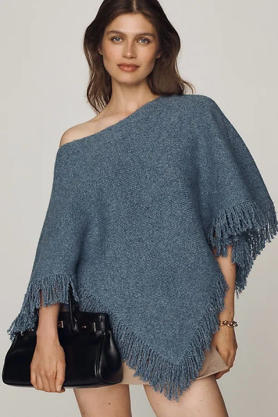 By Anthropologie Knit Fringe Triangle Poncho In Medium Wash
