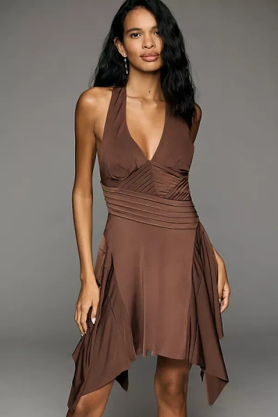 By Anthropologie Knit Plunge Halter Mini Dress In Brown